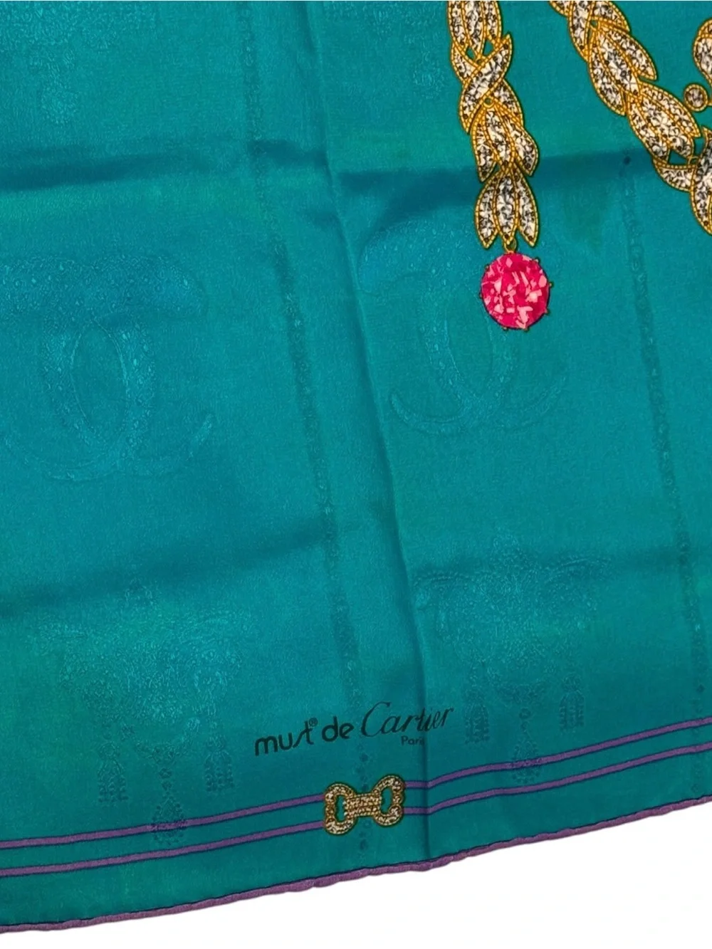 🌈 Cartier Teal “Collection of Brooches” Jewel-Embellished Silk Scarf